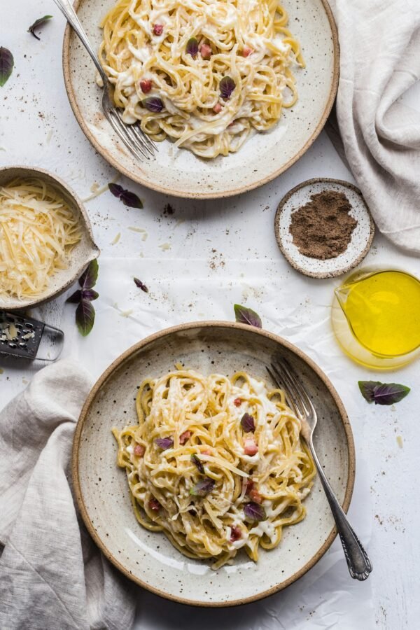 pasta on plate with pasta on plate with fork