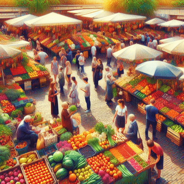 A bustling farmers market with vibrant fruits, vegetables, and herbs on display, surrounded by diverse people interacting with vendors.
