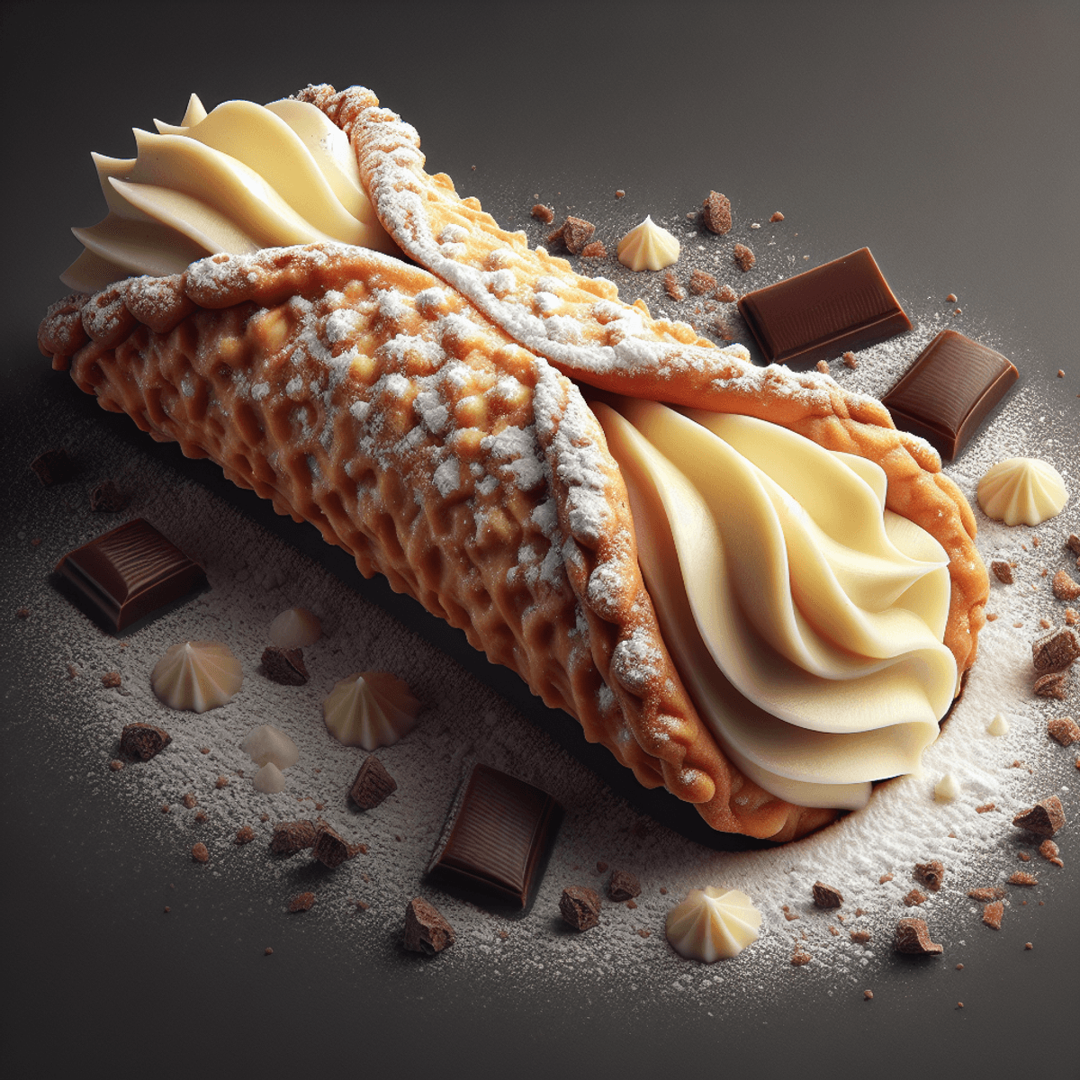 A close-up image of a cannoli with a golden-brown crunchy shell, creamy ricotta filling, powdered sugar dusting, and dark chocolate shavings.