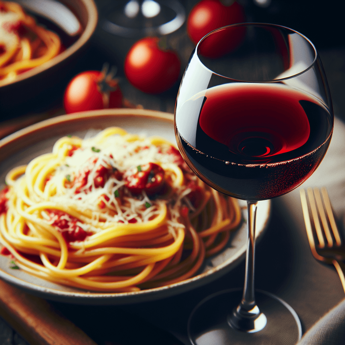 A close-up image of a wine glass filled with rich red Italian wine, alongside a plate of spaghetti carbonara.