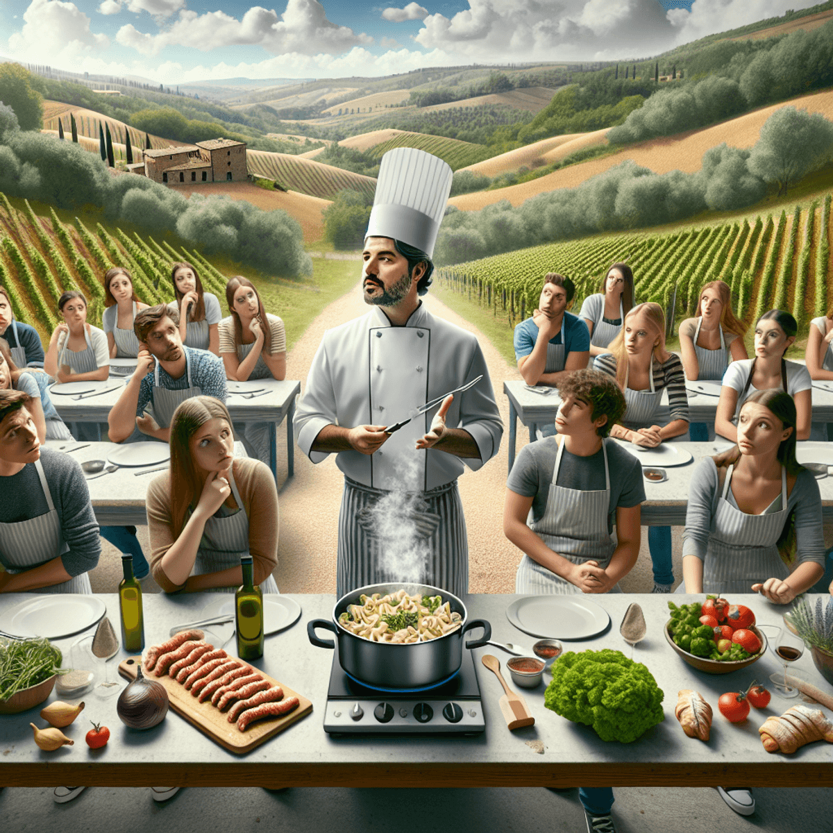 A digital art image of a rustic kitchen with pots, pans, and fresh ingredients, symbolizing Italian cooking classes.