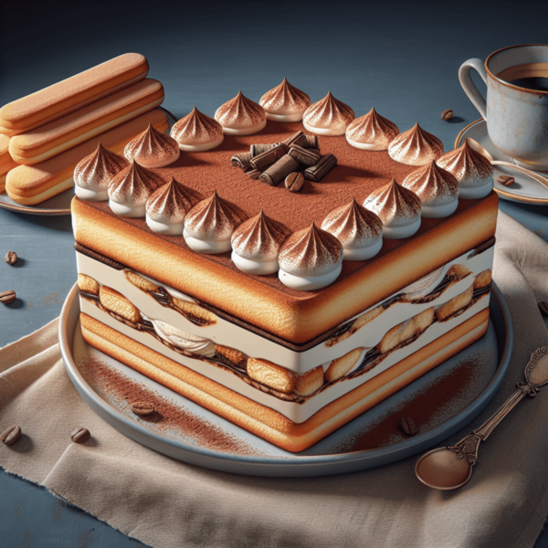 A mouthwatering tiramisu dessert with distinct layers of coffee-soaked ladyfingers, creamy mascarpone cheese, and a dusting of cocoa powder. A mouthwatering tiramisu dessert with distinct layers of coffee-soaked ladyfingers, creamy mascarpone cheese, and a dusting of cocoa powder.