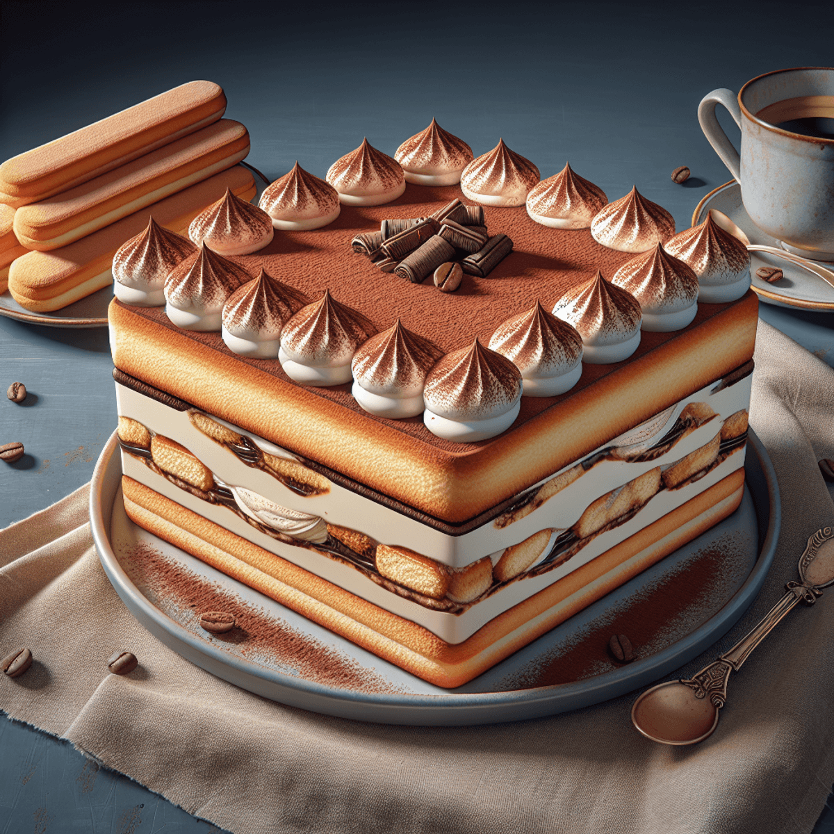 A mouthwatering tiramisu dessert with distinct layers of coffee-soaked ladyfingers, creamy mascarpone cheese, and a dusting of cocoa powder.