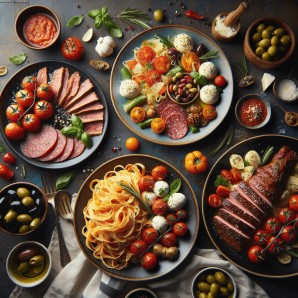 A photograph of a three-course Italian meal: antipasto appetizer with olives, tomatoes, mozzarella, and salami; al dente pasta with tomato sauce and p