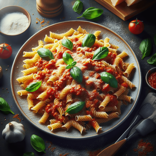 A plate overflowing with gluten-free pasta, generously topped with tomato sauce, fresh basil leaves, and finely grated Parmesan cheese. A plate overflowing with gluten-free pasta, generously topped with tomato sauce, fresh basil leaves, and finely grated Parmesan cheese.