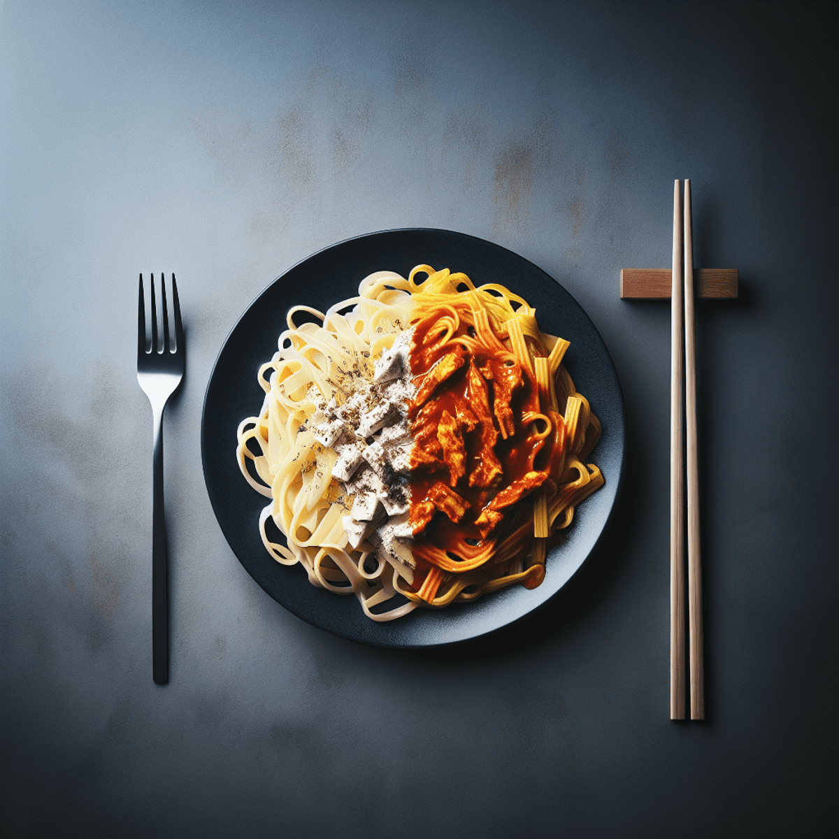 A plate with pasta adorned with laksa sauce, a fork and chopsticks laying side by side symbolizing the fusion of Italian and Singaporean cuisines.