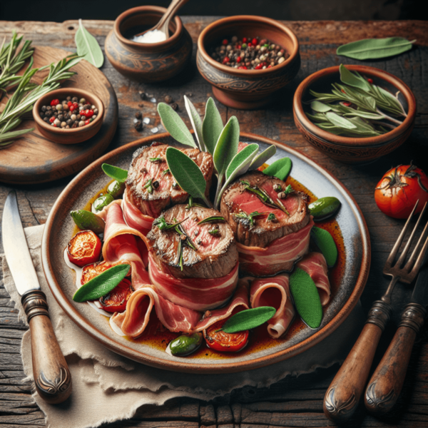 A plated dish of Saltimbocca alla Romana with veal, prosciutto, and sage on a rustic dining table.