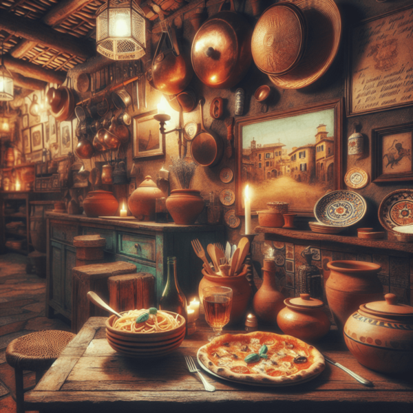 A rustic wooden table in a vintage Italian bistro, adorned with a plate of authentic pasta and a freshly baked pizza. The warm candlelight casts a sof