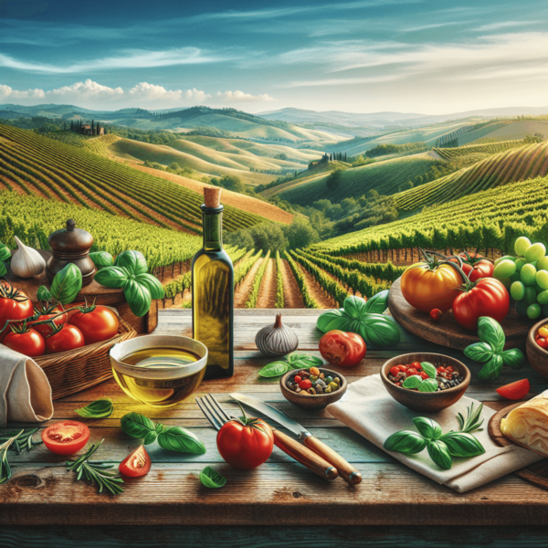A table set for a delightful meal outdoors in a rustic Italian countryside.