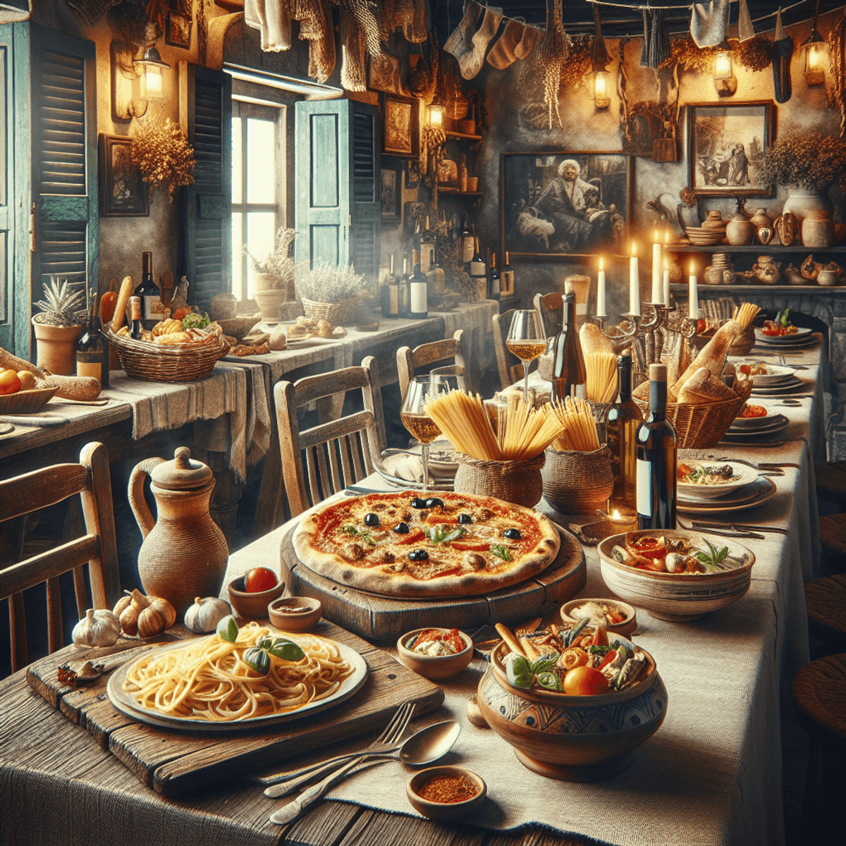 A table set with pasta in a ceramic bowl, a hot pizza on a wooden plank, and a variety of antipasti on a platter, in a cozy Italian trattoria.
