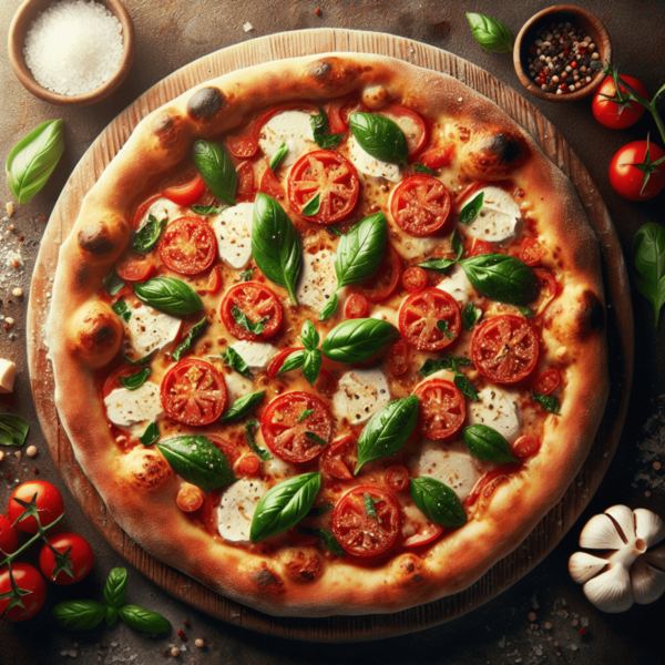 A thin-crust pizza with fresh tomatoes, mozzarella cheese, and basil leaves on a wooden board.