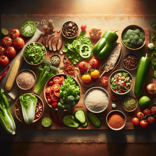 A variety of fresh organic vegetables, grains, and proteins arranged on a bamboo cutting board under warm natural light. A variety of fresh organic vegetables, grains, and proteins arranged on a bamboo cutting board under warm natural light.