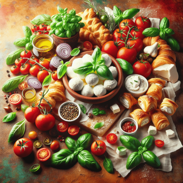 A vibrant Italian summer feast with red tomatoes, green basil, white mozzarella, and golden brown pastry tubes. A vibrant Italian summer feast with red tomatoes, green basil, white mozzarella, and golden brown pastry tubes.