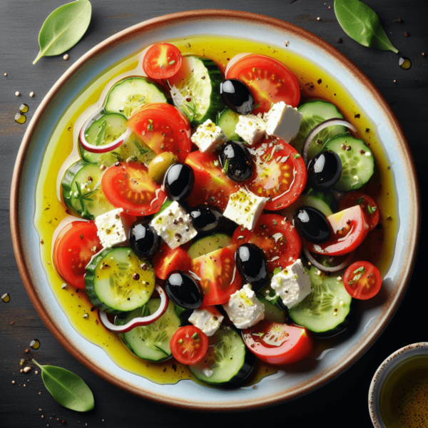 A vibrant Mediterranean salad with ripe red tomatoes, crisp cucumbers, dark black olives, and crumbled feta cheese drizzled with olive oil.