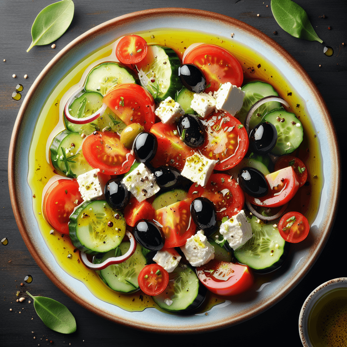 A vibrant Mediterranean salad with ripe red tomatoes, crisp cucumbers, dark black olives, and crumbled feta cheese drizzled with olive oil.