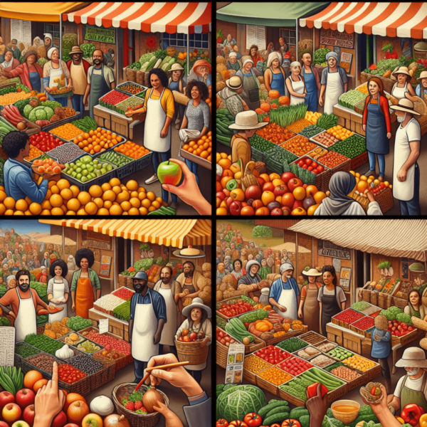 A vibrant farmers market featuring a diverse array of fresh produce, including apples, oranges, tomatoes, onions, and bell peppers. Vendors of differe