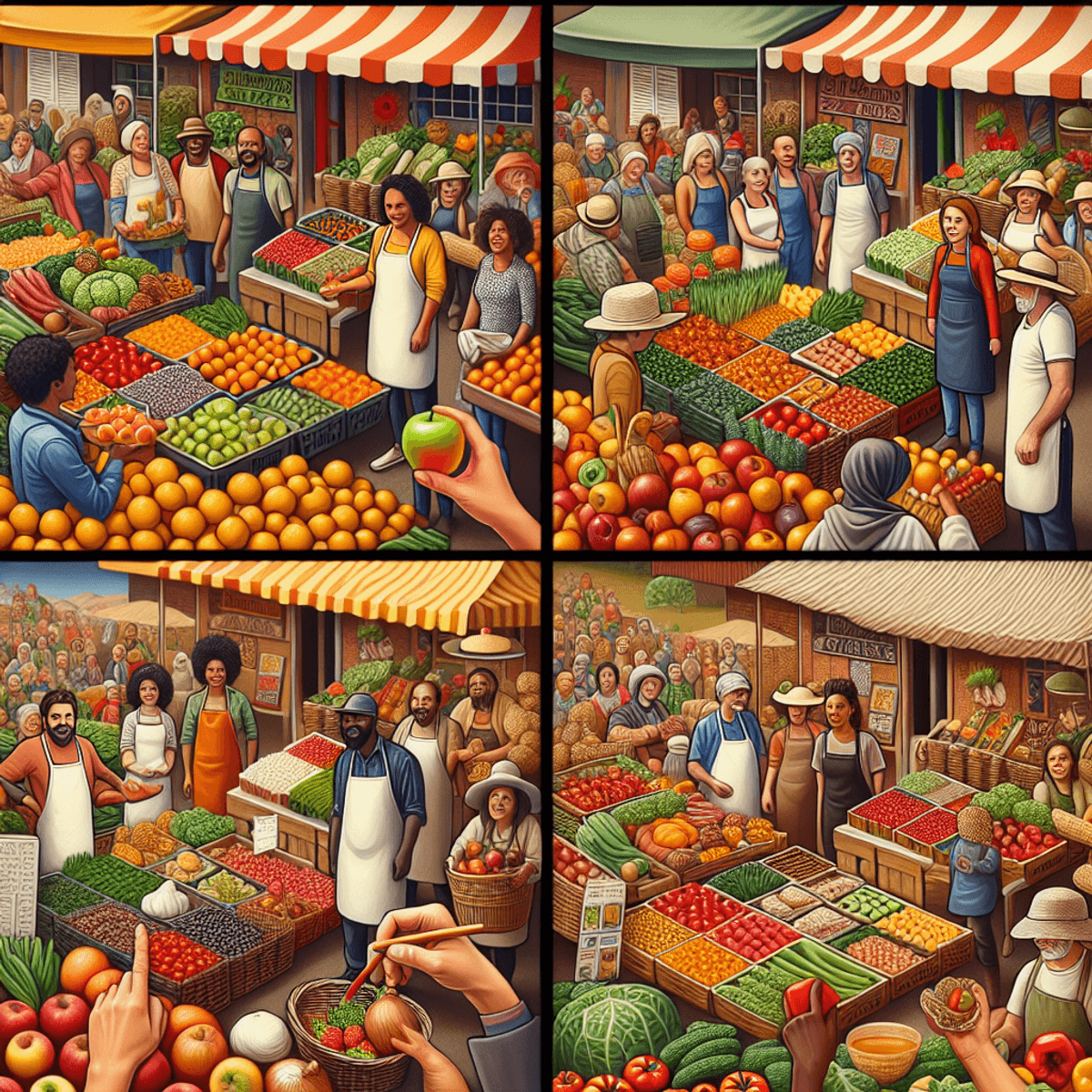 A vibrant farmers market featuring a diverse array of fresh produce, including apples, oranges, tomatoes, onions, and bell peppers. Vendors of differe