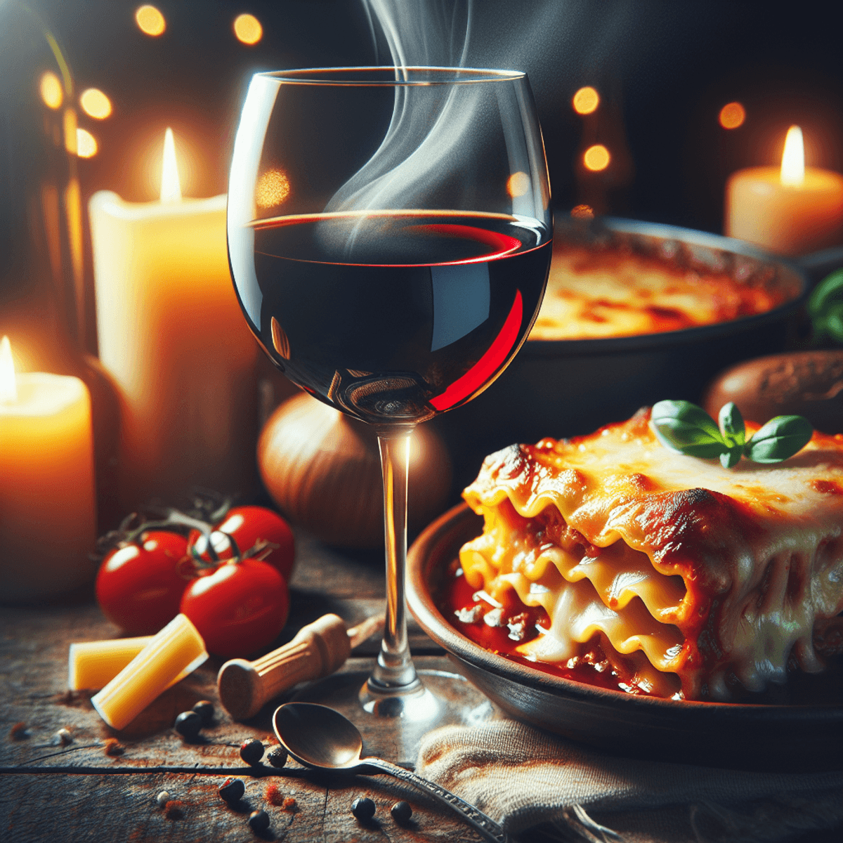 A wine glass filled with deep red Italian wine next to a plate of steaming, cheesy lasagna on a rustic wooden table.