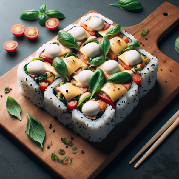 An unconventional sushi roll topped with mozzarella cheese and fresh basil leaves. An unconventional sushi roll topped with mozzarella cheese and fresh basil leaves.