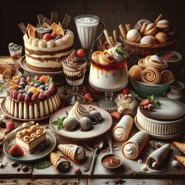 Assorted Italian desserts on rustic wooden table.