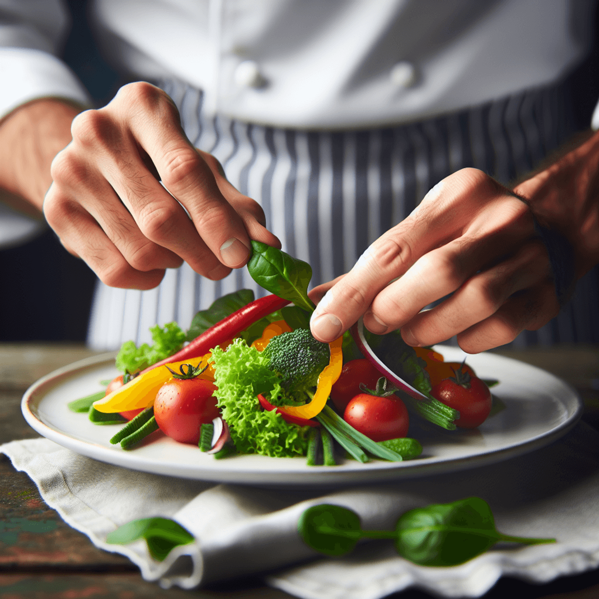 Chef's hands arranging vibrant ingredients on a white plate.